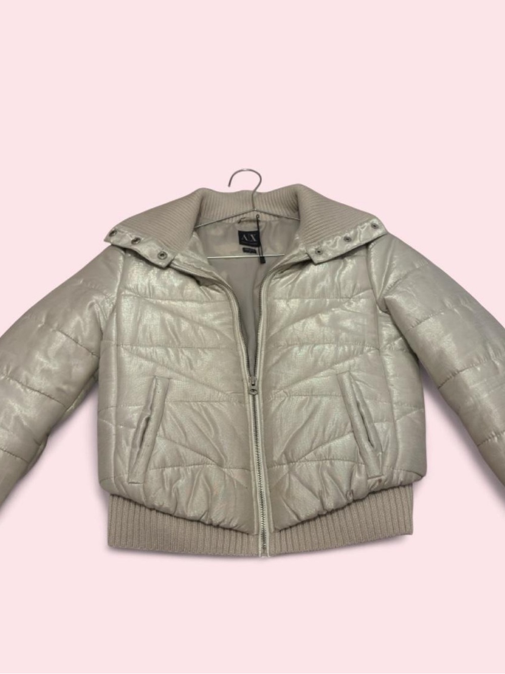 Armani Exchange Beige and Gold Metallic Quilted Bomber Jacket